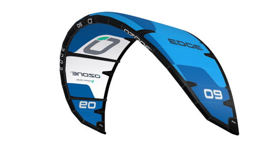 Green Hat Kiteboarding-Ozone Edge VT Blue-Right Leading Edge View on a White Background