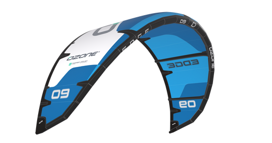 Green Hat Kiteboarding-Ozone Edge VT Blue-Left Leading Edge View on a White Background