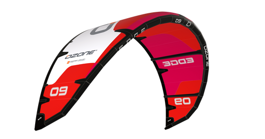 Green Hat Kiteboarding-Ozone Edge VT Red-Left Leading Edge View on a White Background