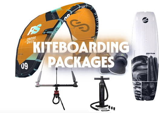 Green Hat Kiteboarding-LOGO-Kiteboarding Packages-equipment including a kite, board, and pump on a white background with 'Kiteboarding Packages' text.