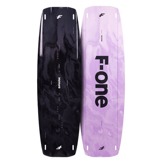 Black and purple F-ONE kiteboard on a white background