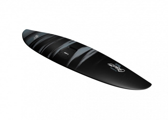 Load image into Gallery viewer, Black and gray surfboard with branding on a white background
