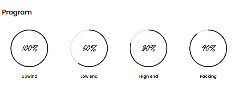 Load image into Gallery viewer, Green Hat Kiteboarding-Program Diagram showing percentage levels for &#39;Upwind&#39;, &#39;Low end&#39;, &#39;High end&#39;, and &#39;Packing&#39;.

