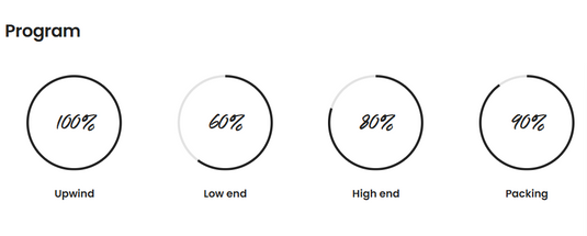 Green Hat Kiteboarding-Program Diagram showing percentage levels for 'Upwind', 'Low end', 'High end', and 'Packing'.
