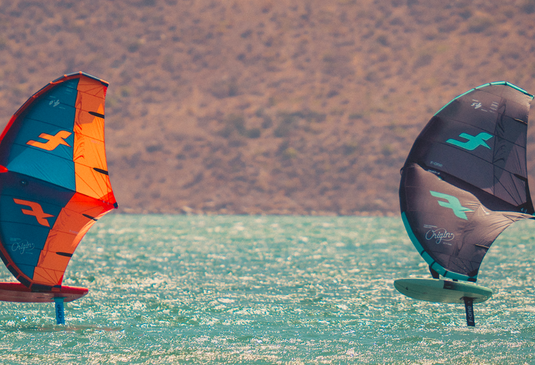 Green Hat Kiteboarding-F-One Origin V1 Wing-Action Shot-2 Men Winging on F-One Origin V1