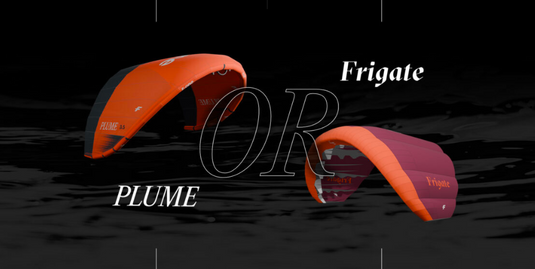 Green Hat Kiteboarding-Front Page Plume Frigate Banner-Two orange and red wings with 'Frigate' and 'Plume' on a dark background.