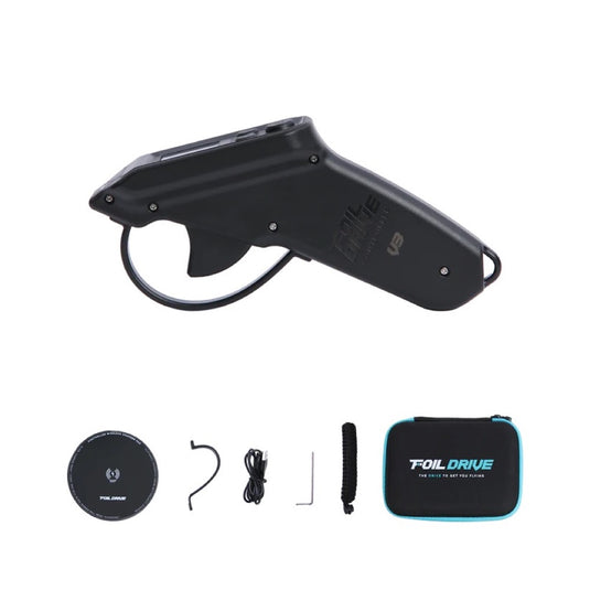Black handheld remote controller with accessories on a white background, featuring 