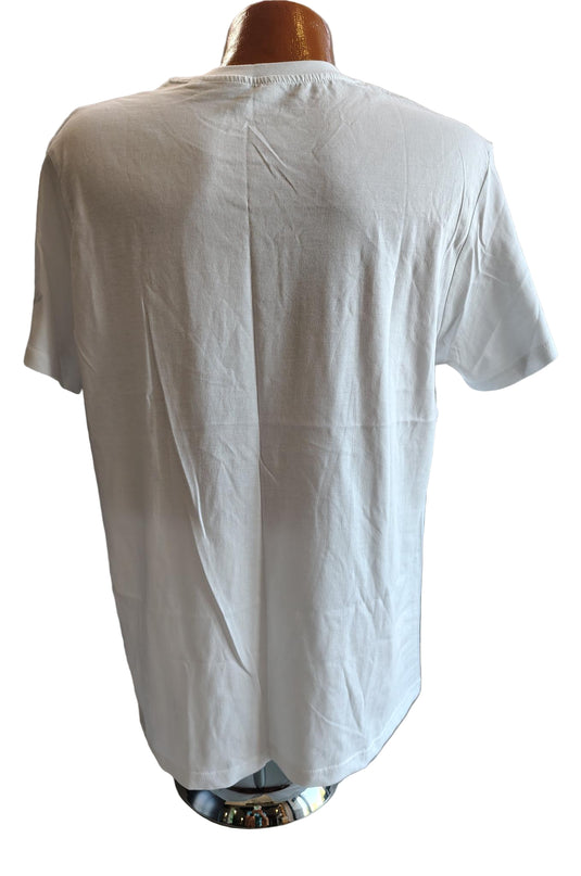Green Hat Kiteboarding-Fanatic Logo Tee-Back View of White t-shirt with gray geometric design on a mannequin against a white background