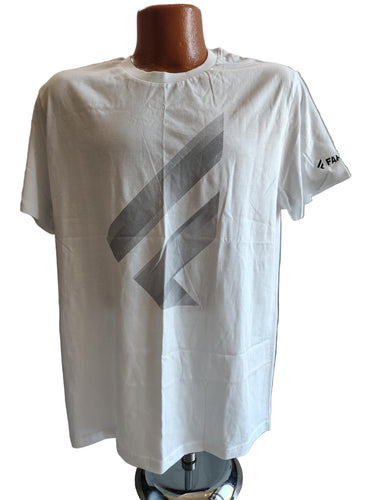 Green Hat Kiteboarding-Fanatic Logo Tee-Front View of White t-shirt with gray geometric design on a mannequin against a white background