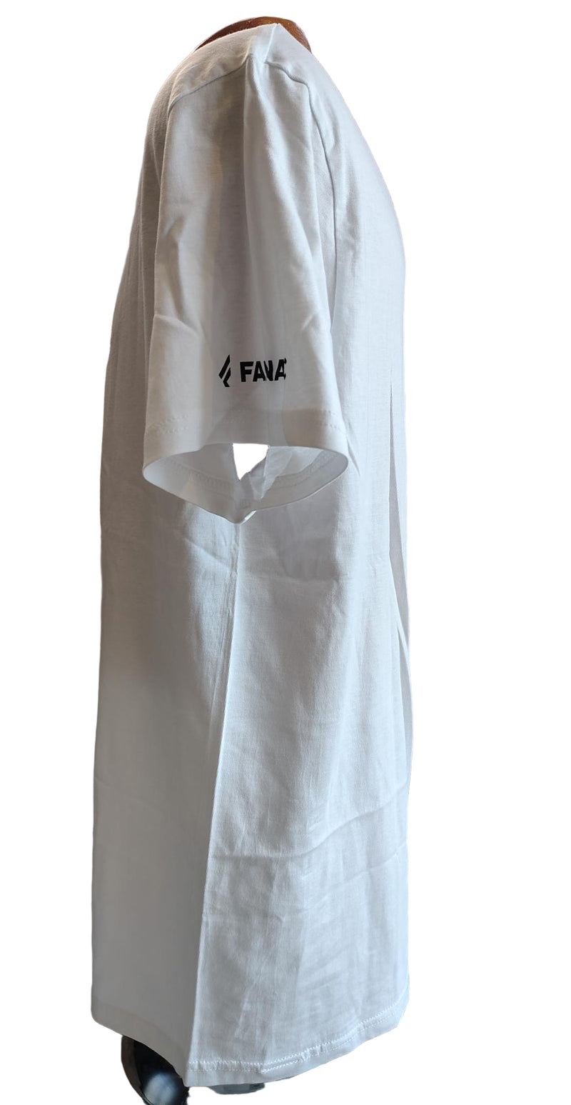 Load image into Gallery viewer, Green Hat Kiteboarding-Fanatic Logo Tee-Side View of White t-shirt with gray geometric design on a mannequin against a white background
