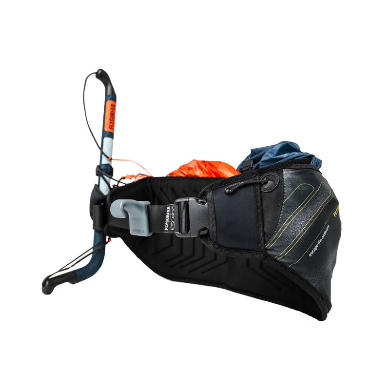 Load image into Gallery viewer, Black Flysurfer Escape Harness with orange parawing and bar on a white background
