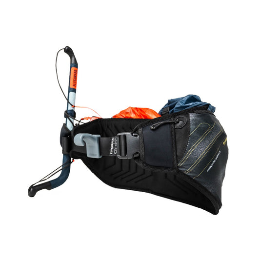 Black Flysurfer Escape Harness with orange parawing and bar on a white background