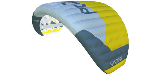 Flysurfer parawing POW2 with blue and yellow design on a white background