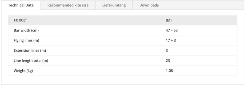 Load image into Gallery viewer, Chart of specifications for the Flysurfer Force3 Control Bar 
