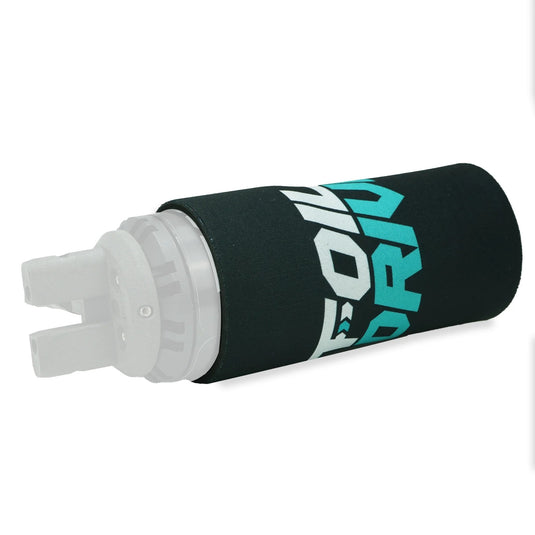 Green Hat Kiteboarding-Foil Drive Slim Stubby Cooler-Neoprene Sleeve on Motor on a White Background