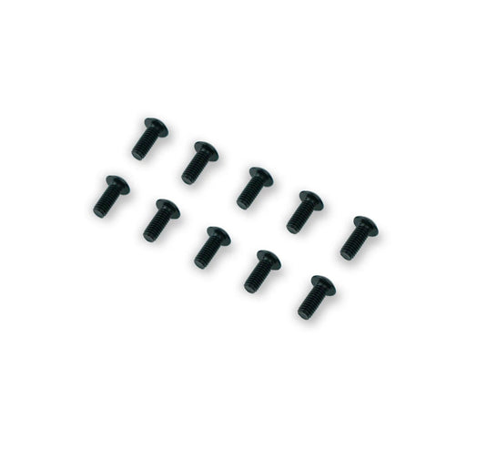 Green Hat Kiteboarding-Foil Drive Spare Motor Plug Bolts M4x10mm-Side View of 10 Black Screws on a White Background