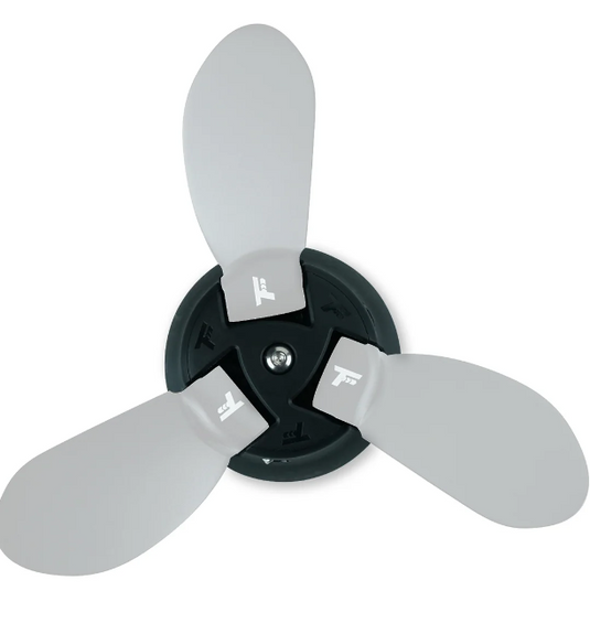 Green Hat Kiteboarding-Foil Drive Three Blade Hub-Top View with 3 Propeller Blades on a White Background