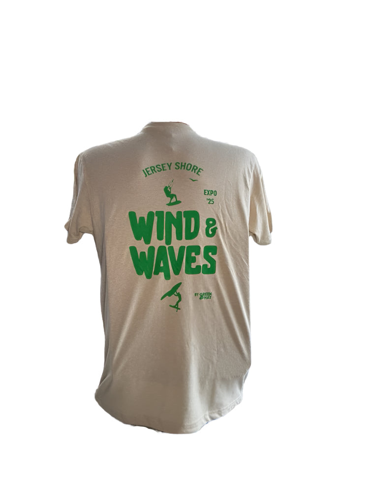 Load image into Gallery viewer, Sand Colored Kite/Wing/Foil Event T-shirt with Jersey Shore Wind &amp; Waves event LOGO on Back
