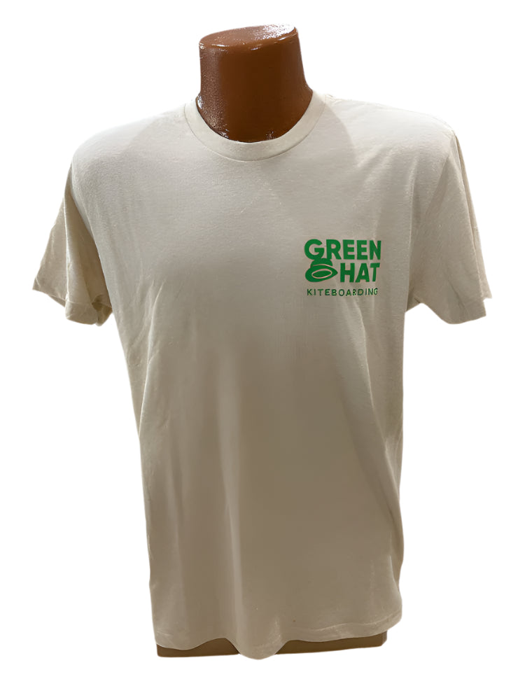 Load image into Gallery viewer, Sand Colored Kite/Wing/Foil Event T-shirt with Green Hat LOGO on Chest
