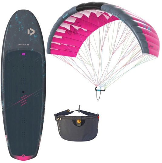 A complete parawing package featuring a dark gray and pink foilboard, a matching pink and gray parawing, and a dark gray stash belt, all shown against a solid white background.