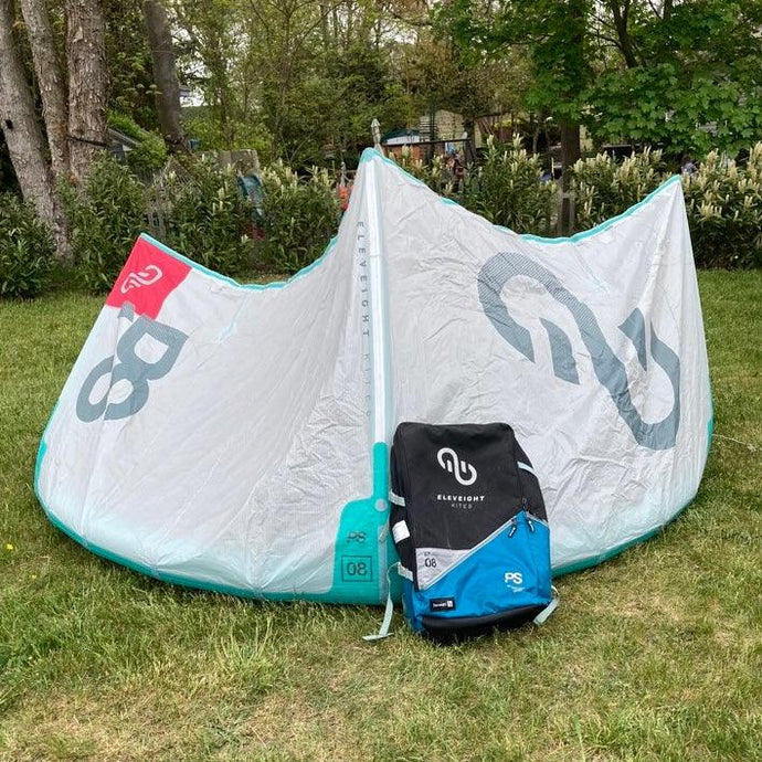Green Hat Kiteboarding-2022 Eleveight PS V5 8m USED Kite-Leading Edge Front View with Bag