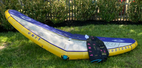 Green Hat Kiteboarding-Duotone Unit LAB 6.5 Wing USED-Leading Edge View with Bag