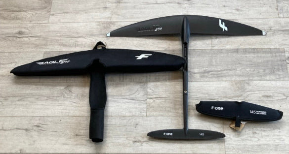 Load image into Gallery viewer, Green Hat Kiteboarding-F-One 690 Eagle Plane USED with XS Fuse &amp; 145 DW Stab-Top View with Covers

