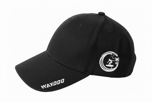 Black cap with a logo on a white surface