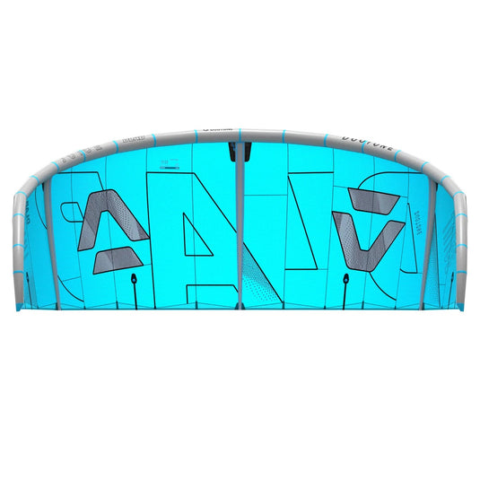 Blue kite with branding on a white background