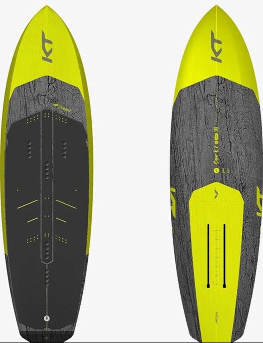 Two views of a yellow and gray KT Board on a white background