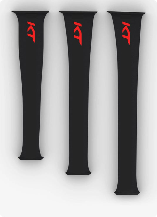 Three black masts with red logos on a white background