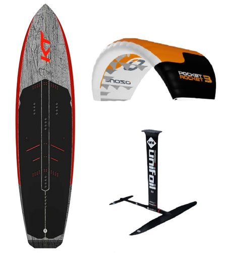 Green Hat Kiteboarding-KT Special K2 Carbon Parawing Package-Super K2 Board, Ozone Pocket Rocket and Unifoil Evolution Foil on a White Background
