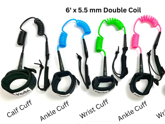 Green Hat Kiteboarding-Kaohi Board Leash-Double Coil 5.5mm-Variety of Colors in Calf and Ankle Models
