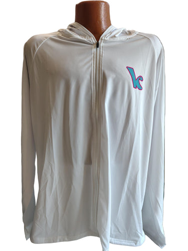Green Hat Kiteboarding Front View of Kite Kulture White long-sleeve jacket with a logo on a mannequin against a white background