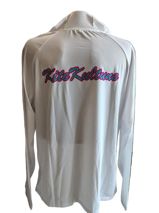Green Hat Kiteboarding Back View of Kite Kulture White long-sleeve jacket with a logo on a mannequin against a white background