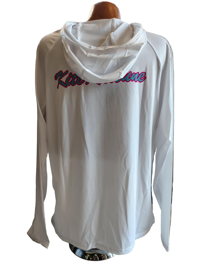 Load image into Gallery viewer, Green Hat Kiteboarding Back View with  Hood of Kite Kulture White long-sleeve jacket with a logo on a mannequin against a white background

