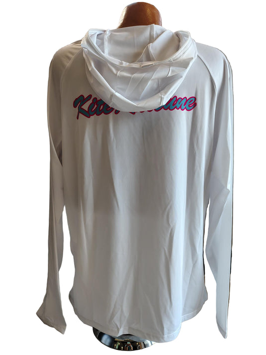 Green Hat Kiteboarding Back View with  Hood of Kite Kulture White long-sleeve jacket with a logo on a mannequin against a white background