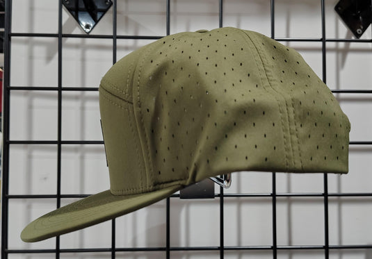 Green Hat Kiteboarding-Lift Foils Water Cap-Side View of Green cap with a black patch featuring 'Lift' branding on a grid background