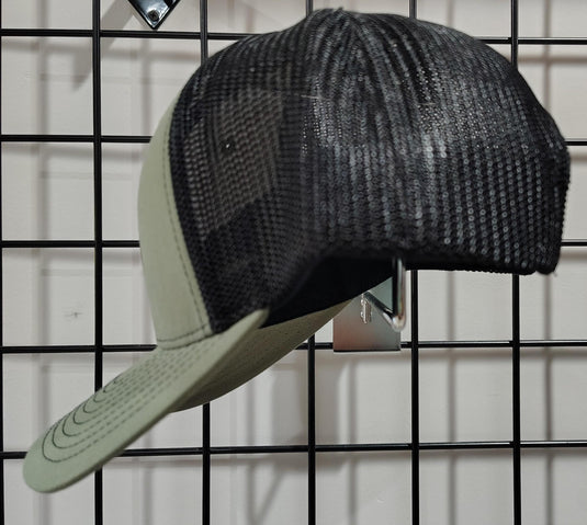Green Hat Kiteboarding-Lift Foils Original Trucker Hat-Olive Green-Side View of cap on a grid background