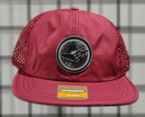 Green Hat Kiteboarding-Lift Foils R-Active Cap-Maroon-Front View of  cap featuring 'Lift' branding on a grid background