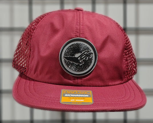 Green Hat Kiteboarding-Lift Foils R-Active Cap-Maroon-Front View of  cap featuring 'Lift' branding on a grid background