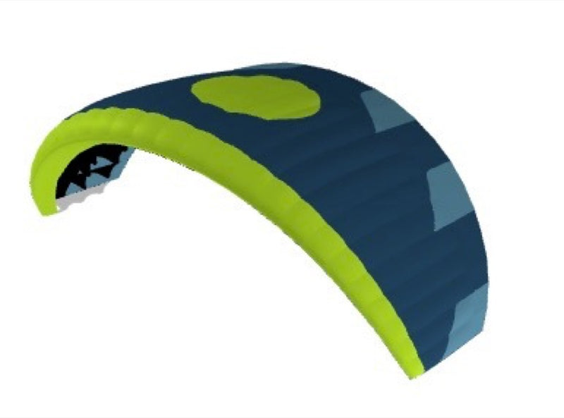 Load image into Gallery viewer, A curved parawing with a Slate blue body, bright lime green trim, and Sky blue geometric accents, shown on a plain white background.
