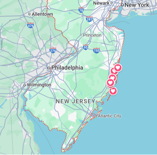 Green Hat Kiteboarding-NJ Launch Site Map-Site Highlighted with Hearts 