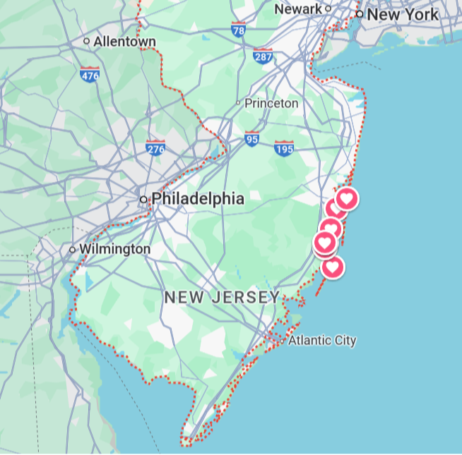 Green Hat Kiteboarding-NJ Launch Site Map-Site Highlighted with Hearts 