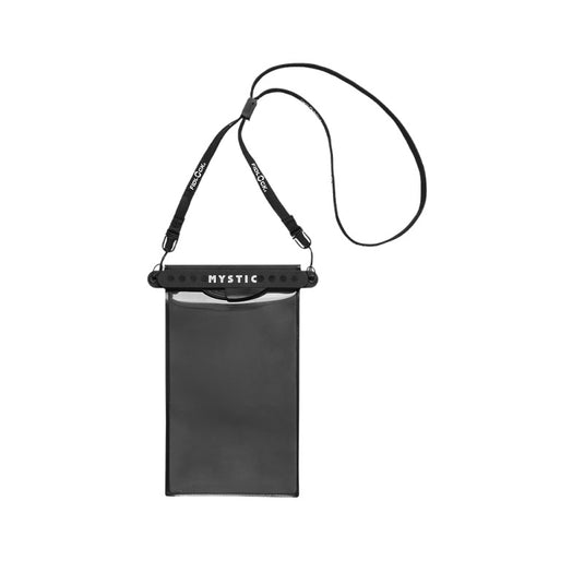 Black phone pouch with strap on a white background, featuring the brand 