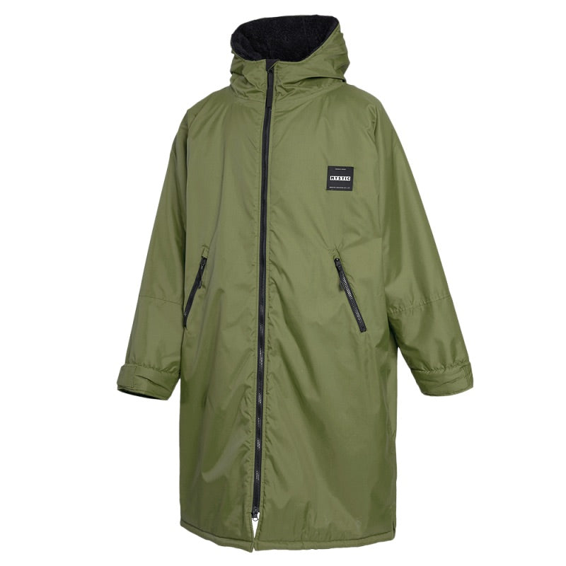Load image into Gallery viewer, Green raincoat with a black zipper and hood on a white background
