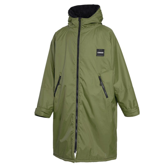 Green raincoat with a black zipper and hood on a white background