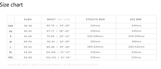 Green Hat Kiteboarding-Mystic Stage Wing Harness-Size Chart