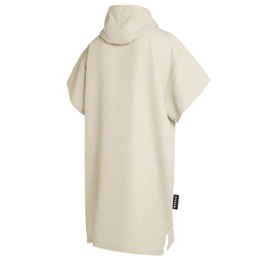 Beige hooded poncho with a brand label on a white background