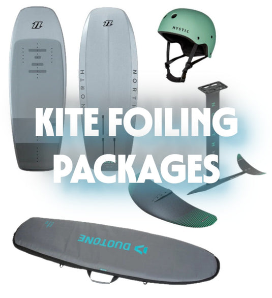Green Hat Kiteboarding-LOGO-Kite Foiling Packages-Kite foiling packages including a helmet, kite, and carrying case on a white background.
